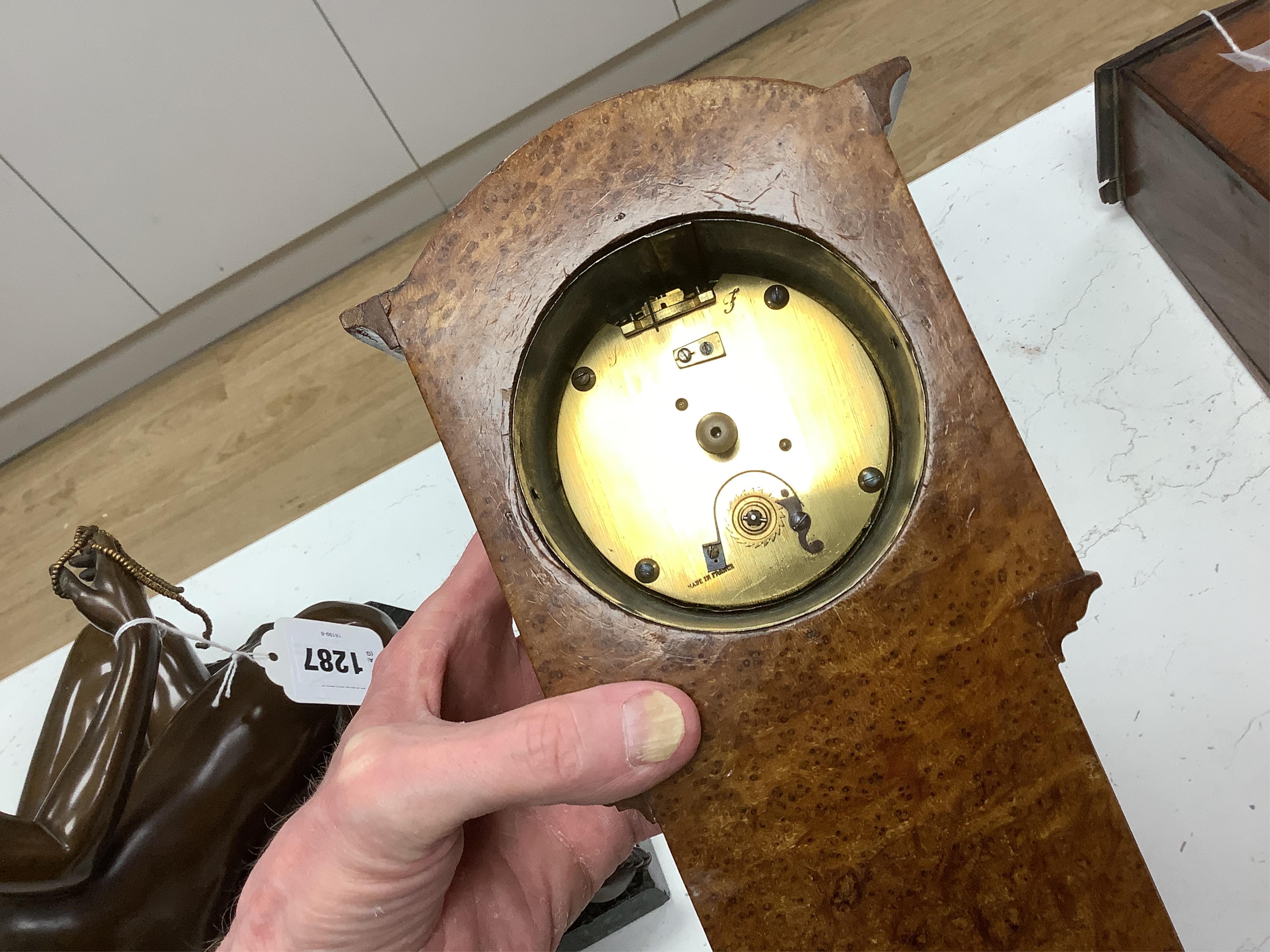 A small French amboyna model of a longcase timepiece, with key, 44cm high